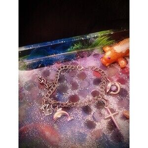 Antique Vintage Sterling Silver Charm Bracelet (Dolphin, Cross, Treble Clef)